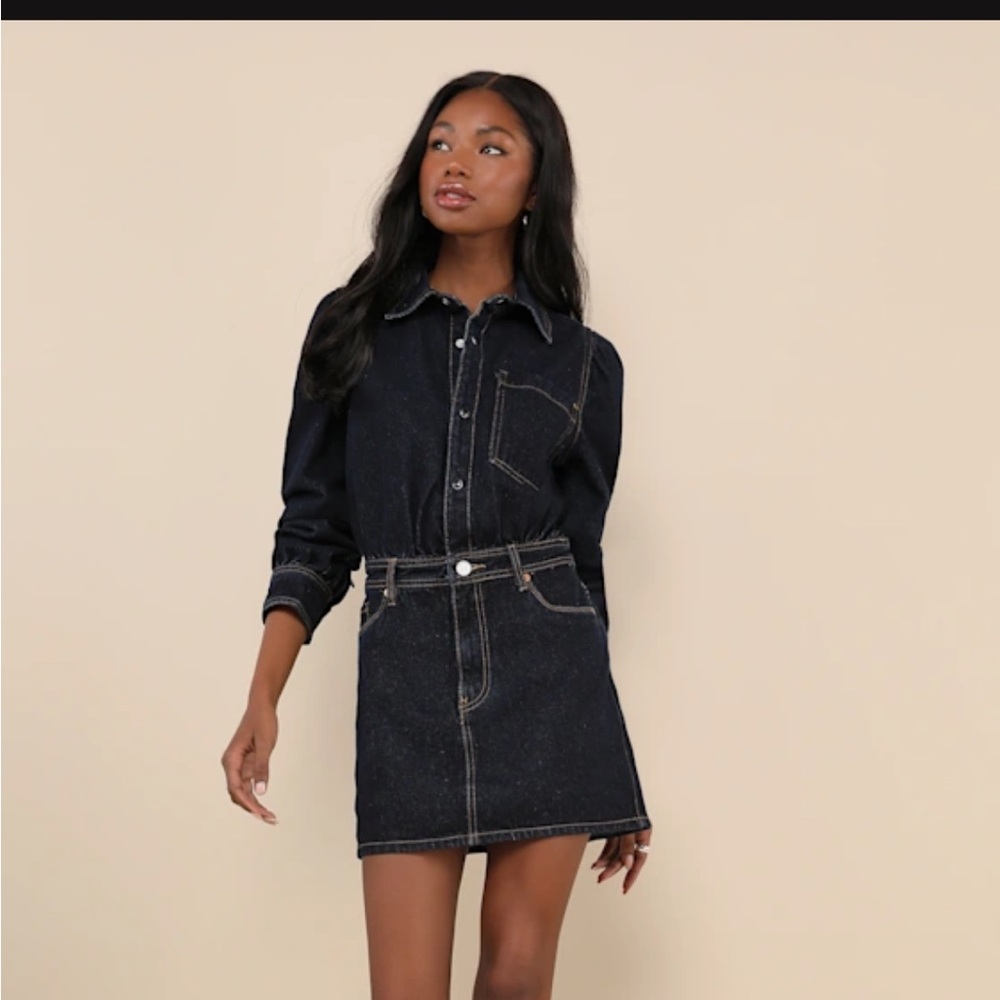 NWT- LuLus Perfectly Edgy Dark Wash Denim Collared Button-Front Mini Dress